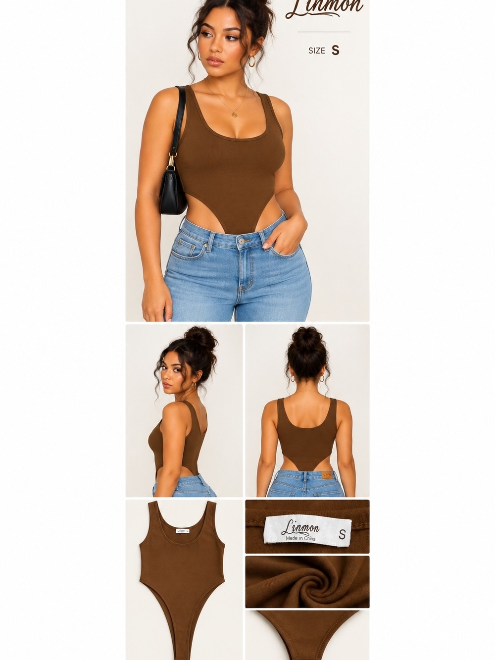 Brown Scoop Neck Sleeveless Bodysuit